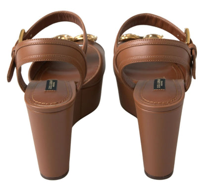 Dolce &amp; Gabbana Brown Leather AMORE Wedges Sandals Shoes
