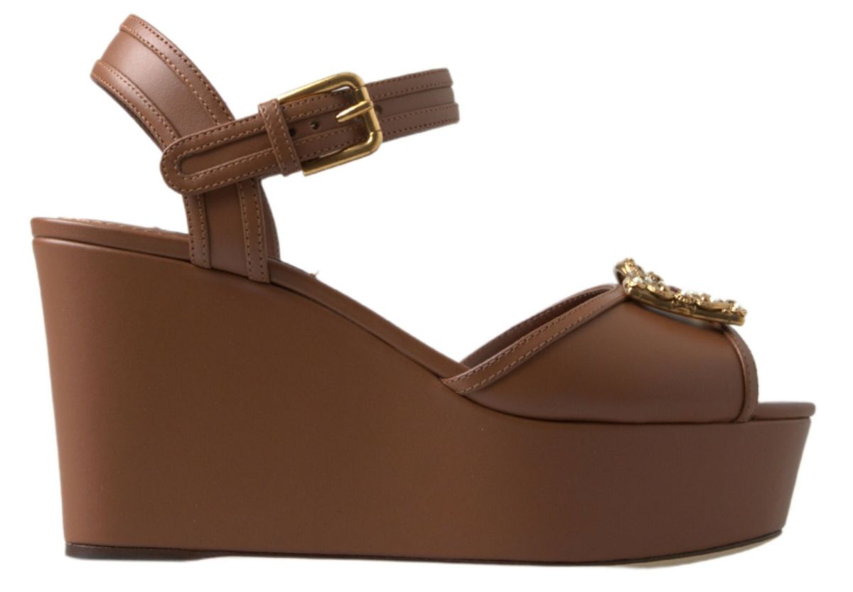 Dolce &amp; Gabbana Brown Leather AMORE Wedges Sandals Shoes