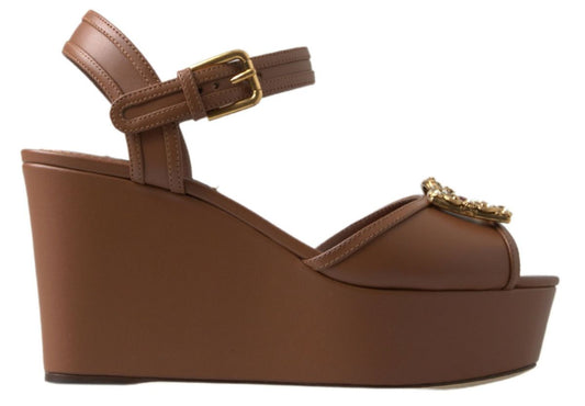 Dolce &amp; Gabbana Brown Leather AMORE Wedges Sandals Shoes