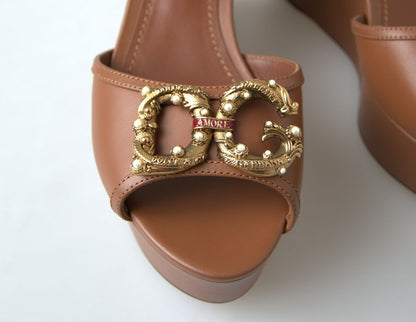 Dolce &amp; Gabbana Brown Leather AMORE Wedges Sandals Shoes