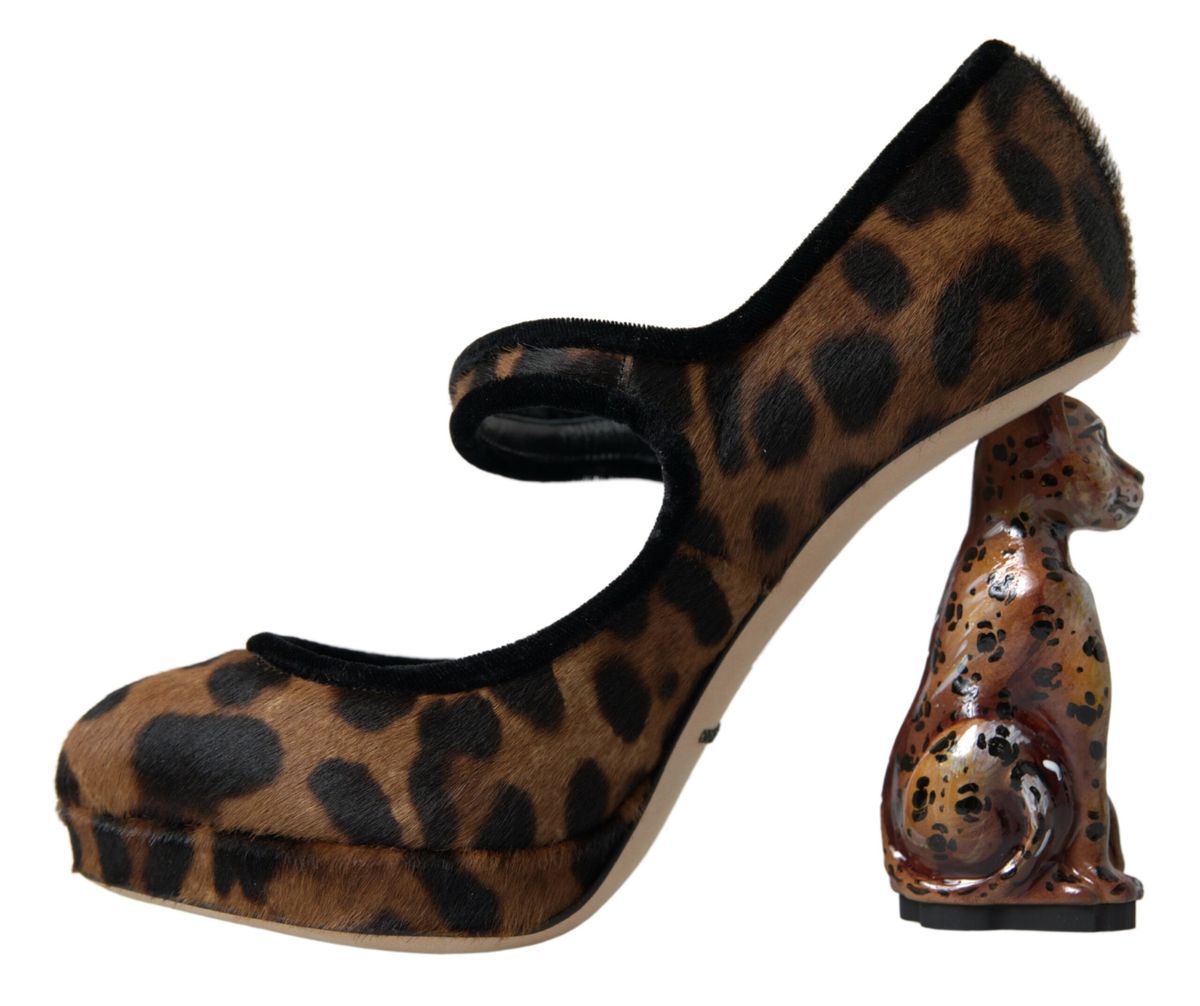 Dolce &amp; Gabbana Black Brown Calf Leopard Heel Mary Jane Pump Shoes