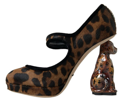 Dolce &amp; Gabbana Black Brown Calf Leopard Heel Mary Jane Pump Shoes