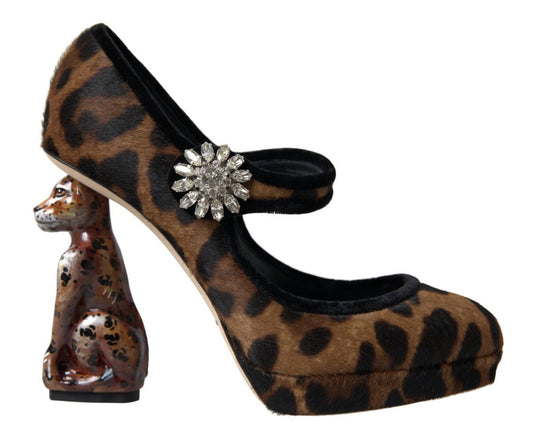 Dolce &amp; Gabbana Black Brown Calf Leopard Heel Mary Jane Pump Shoes