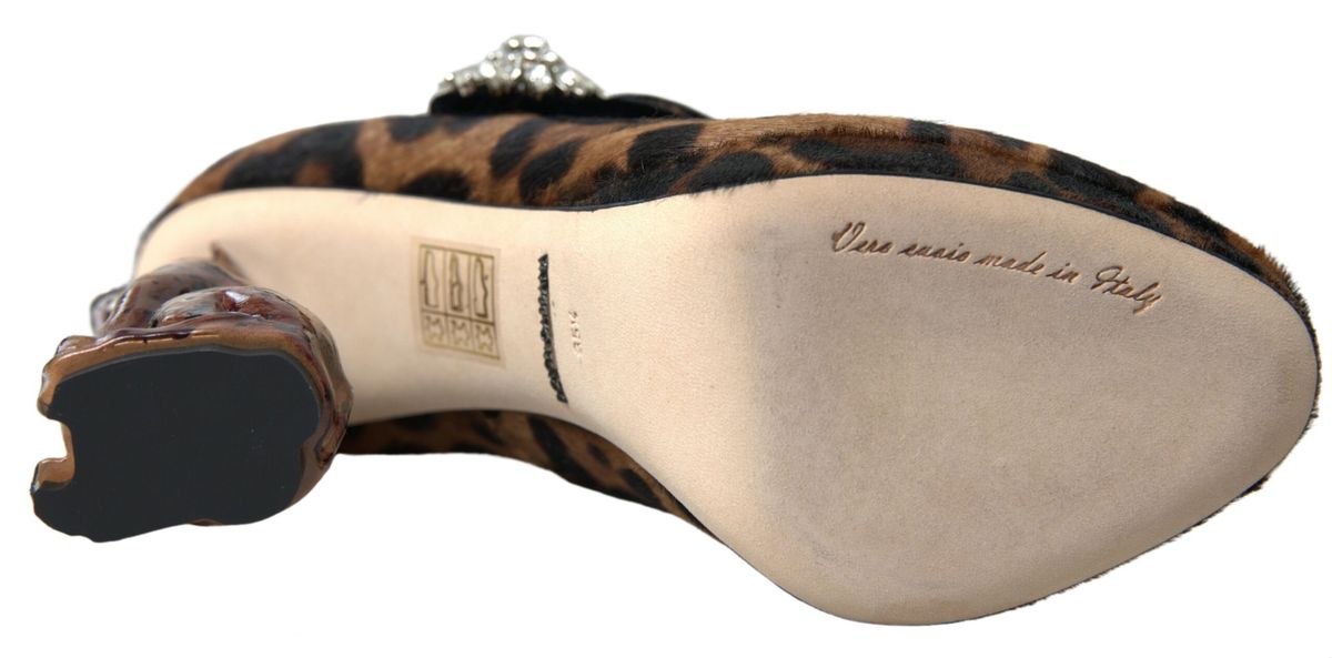Dolce &amp; Gabbana Black Brown Calf Leopard Heel Mary Jane Pump Shoes