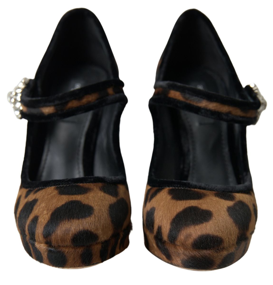 Dolce &amp; Gabbana Black Brown Calf Leopard Heel Mary Jane Pump Shoes