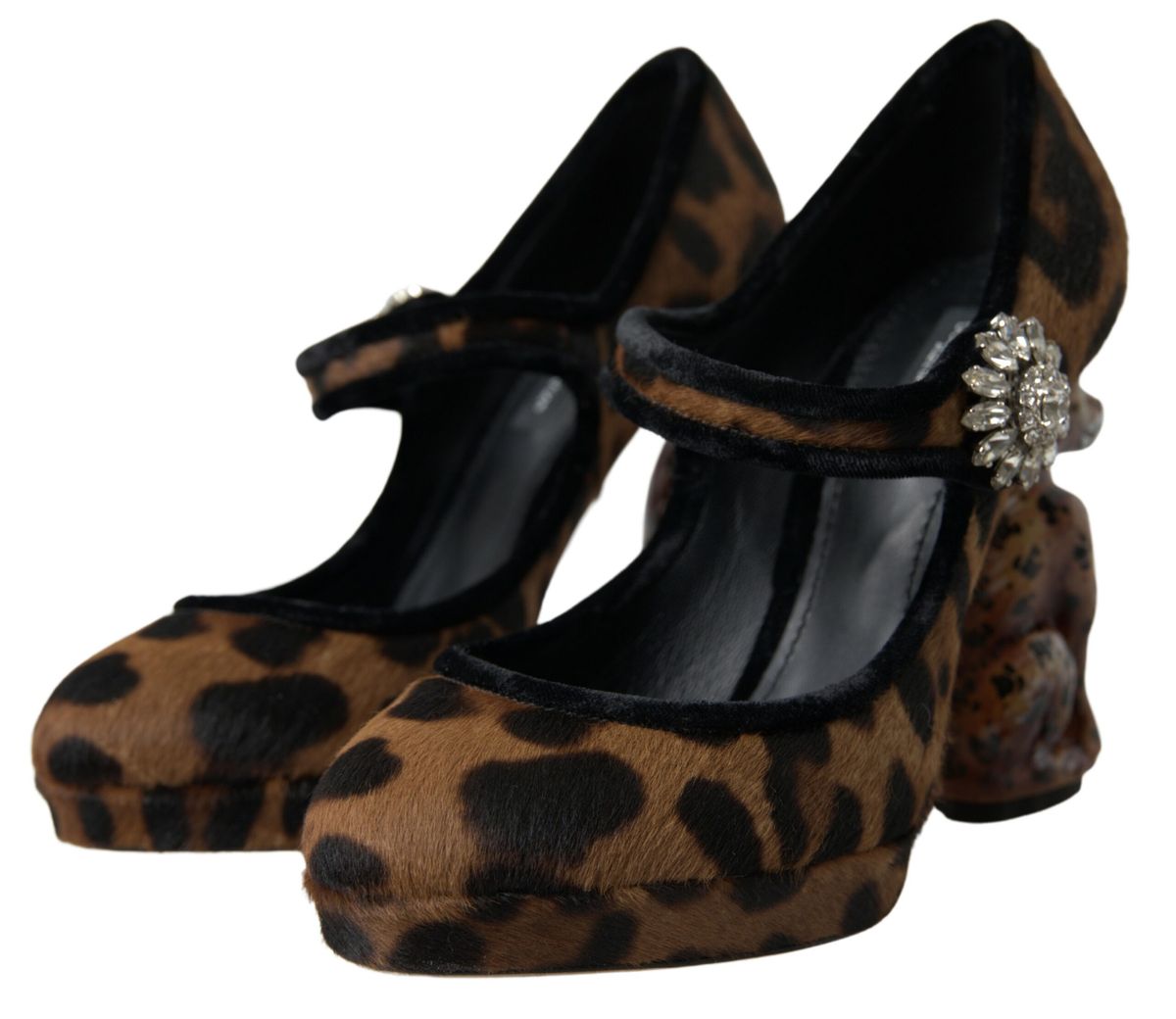 Dolce &amp; Gabbana Black Brown Calf Leopard Heel Mary Jane Pump Shoes