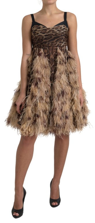 Dolce & Gabbana Brown Leopard Feather Chiffon Sleeveless Dress by Dolce & Gabbana