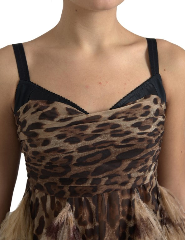 Dolce & Gabbana Brown Leopard Feather Chiffon Sleeveless Dress by Dolce & Gabbana