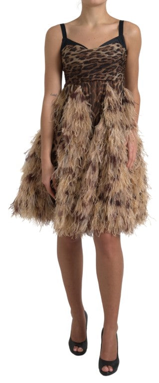 Dolce & Gabbana Brown Leopard Feather Chiffon Sleeveless Dress by Dolce & Gabbana