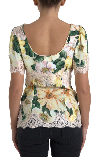 Dolce & Gabbana Multicolor Floral Lace V Neck Blouse by Dolce & Gabbana
