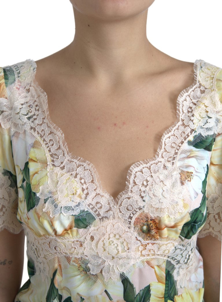 Dolce & Gabbana Multicolor Floral Lace V Neck Blouse by Dolce & Gabbana