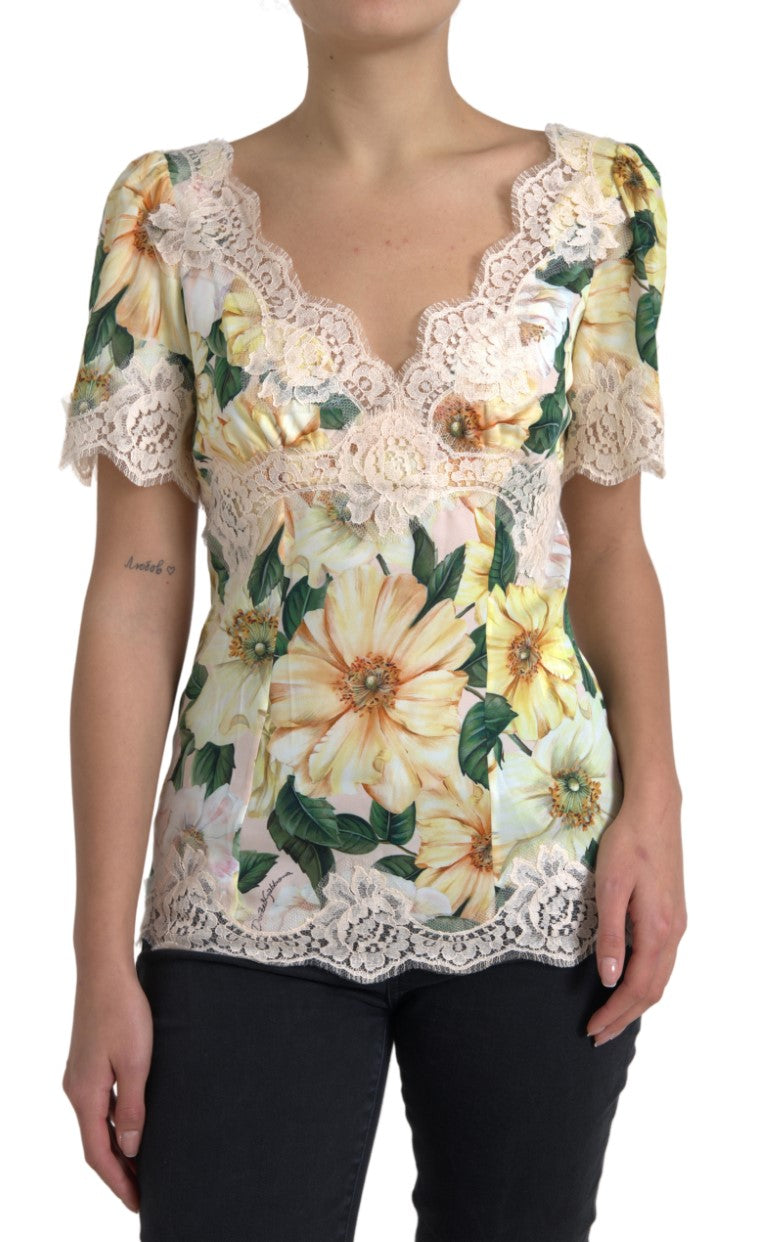 Dolce & Gabbana Multicolor Floral Lace V Neck Blouse by Dolce & Gabbana
