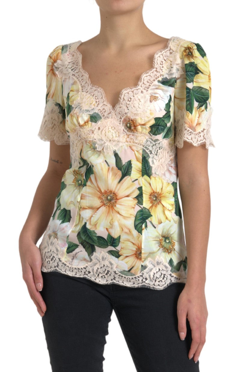 Dolce & Gabbana Multicolor Floral Lace V Neck Blouse by Dolce & Gabbana