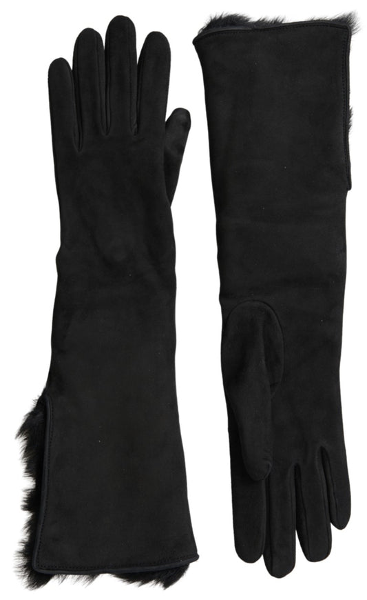 Gants élégants en cuir Dolce &amp; Gabbana, longueur coude, avec bordure en fourrure