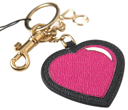 Porte-clés élégant en cuir noir Dolce &amp; Gabbana avec accent fuchsia