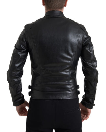 Dolce &amp; Gabbana Black Leather Zipper Coat Men Jacket