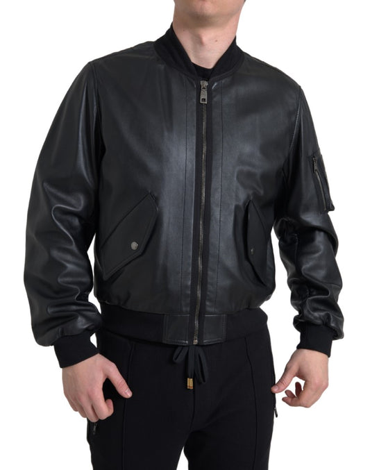 Dolce &amp; Gabbana Élégant blouson aviateur en cuir noir