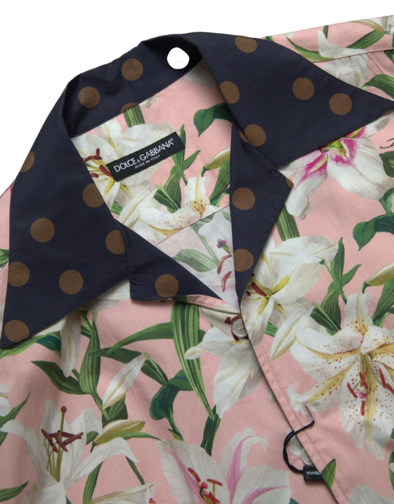 Dolce & Gabbana Cotton Polka Dot Lily Print Collared Shirt by Dolce & Gabbana
