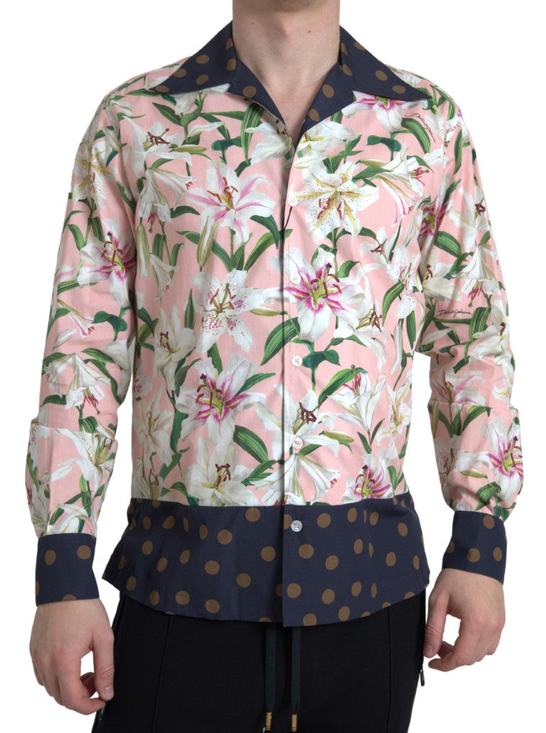 Dolce & Gabbana Cotton Polka Dot Lily Print Collared Shirt by Dolce & Gabbana