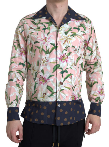 Dolce & Gabbana Cotton Polka Dot Lily Print Collared Shirt by Dolce & Gabbana