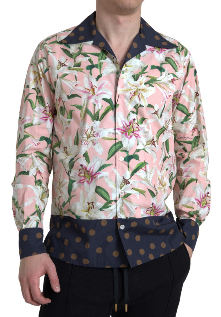 Dolce & Gabbana Cotton Polka Dot Lily Print Collared Shirt by Dolce & Gabbana