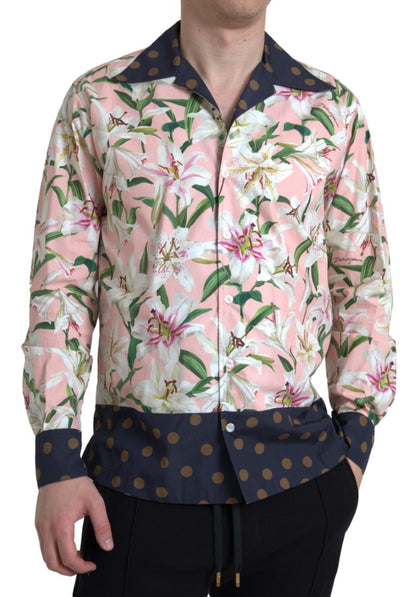 Dolce & Gabbana Cotton Polka Dot Lily Print Collared Shirt by Dolce & Gabbana