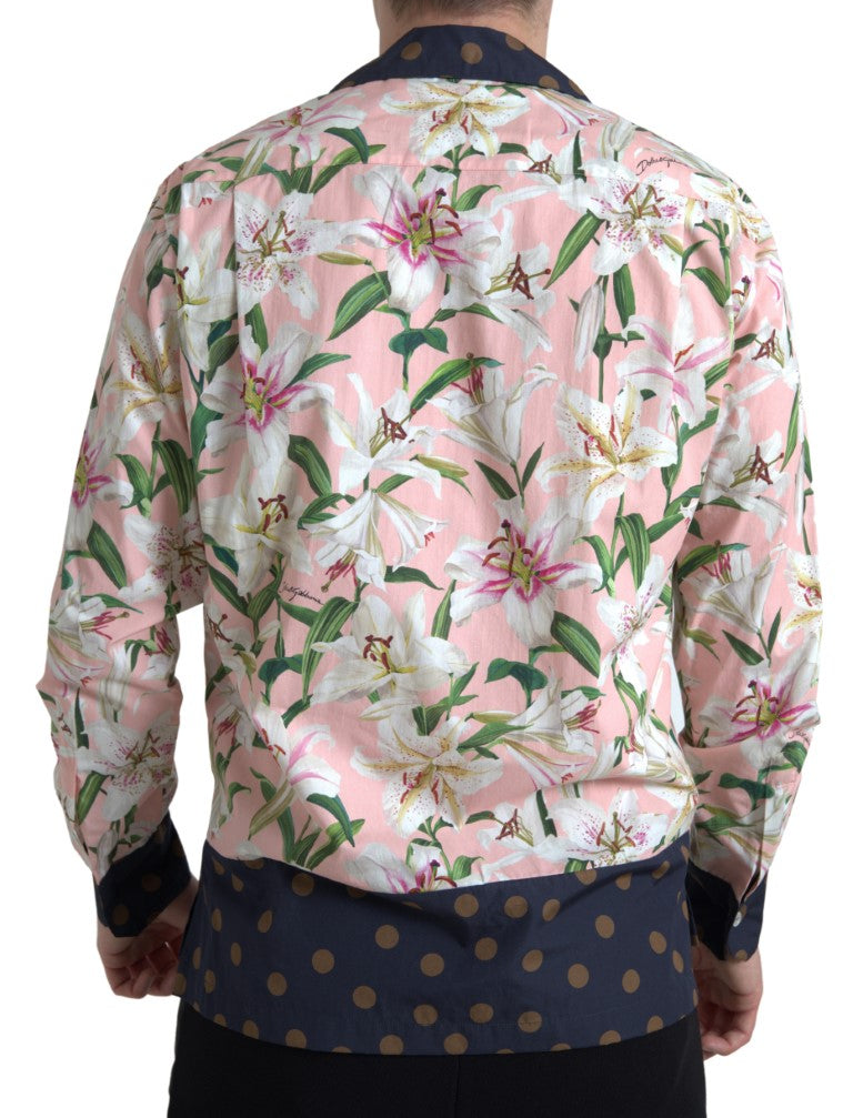 Dolce & Gabbana Cotton Polka Dot Lily Print Collared Shirt by Dolce & Gabbana