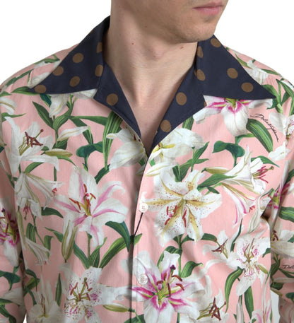 Dolce & Gabbana Cotton Polka Dot Lily Print Collared Shirt by Dolce & Gabbana