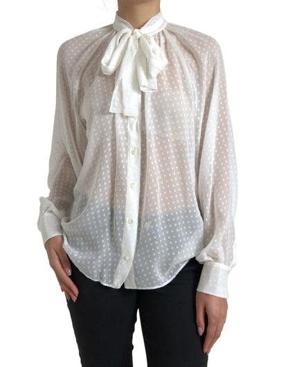 Dolce & Gabbana White Silk Sheer Tied Neck Polka Dots Blouse by Dolce & Gabbana