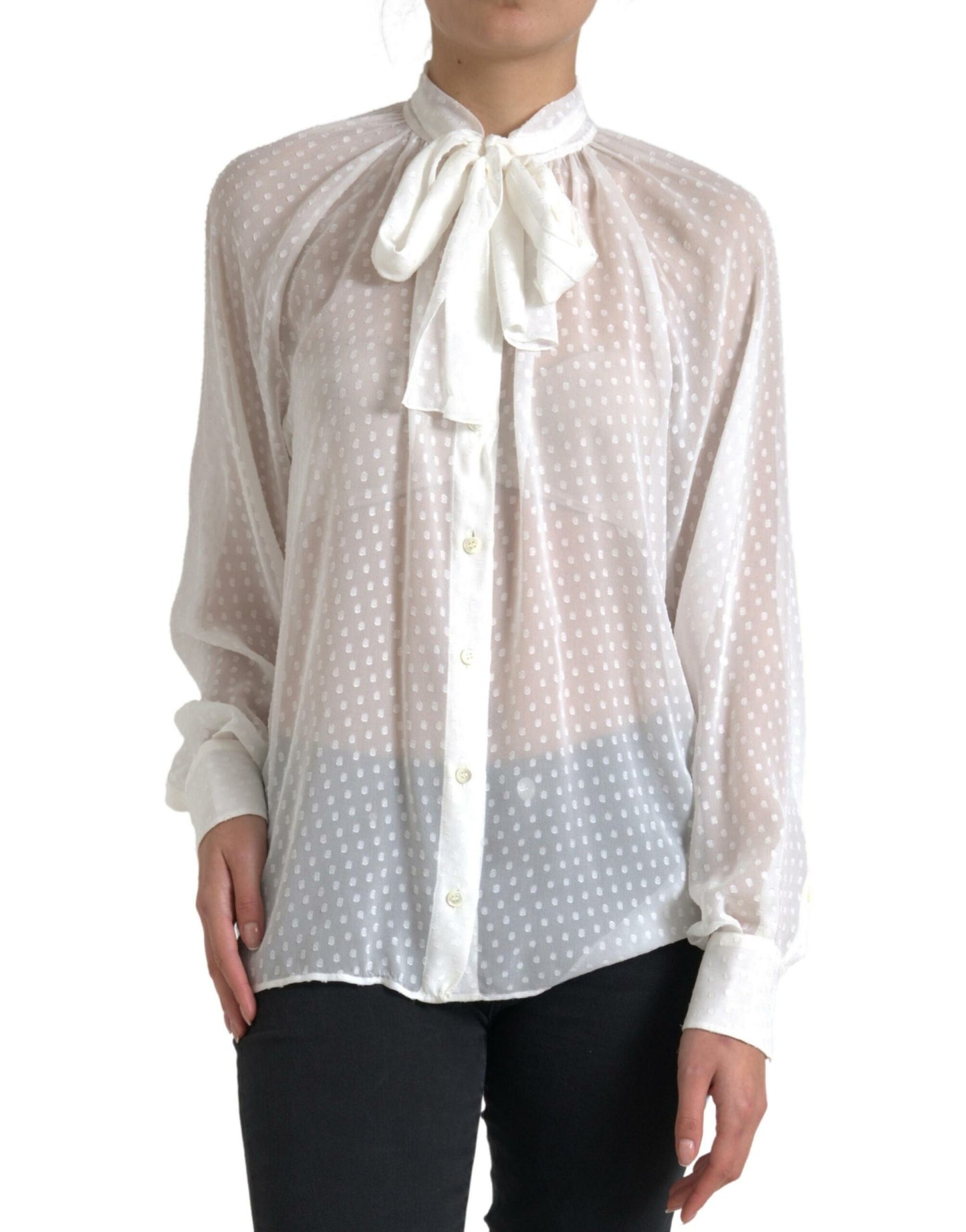 Dolce & Gabbana White Silk Sheer Tied Neck Polka Dots Blouse by Dolce & Gabbana