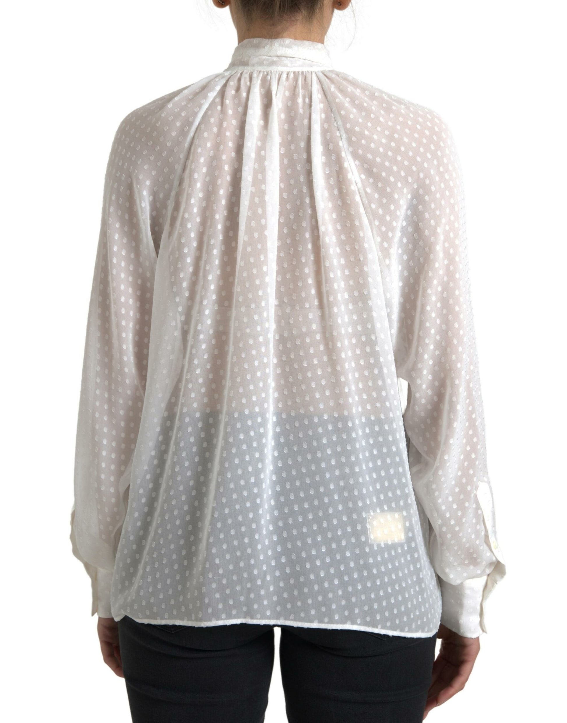 Dolce & Gabbana White Silk Sheer Tied Neck Polka Dots Blouse by Dolce & Gabbana