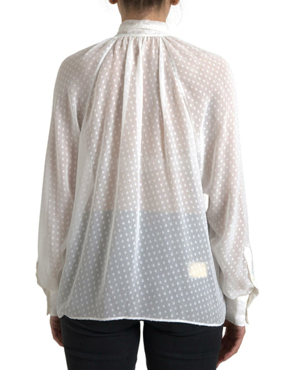 Dolce & Gabbana White Silk Sheer Tied Neck Polka Dots Blouse by Dolce & Gabbana
