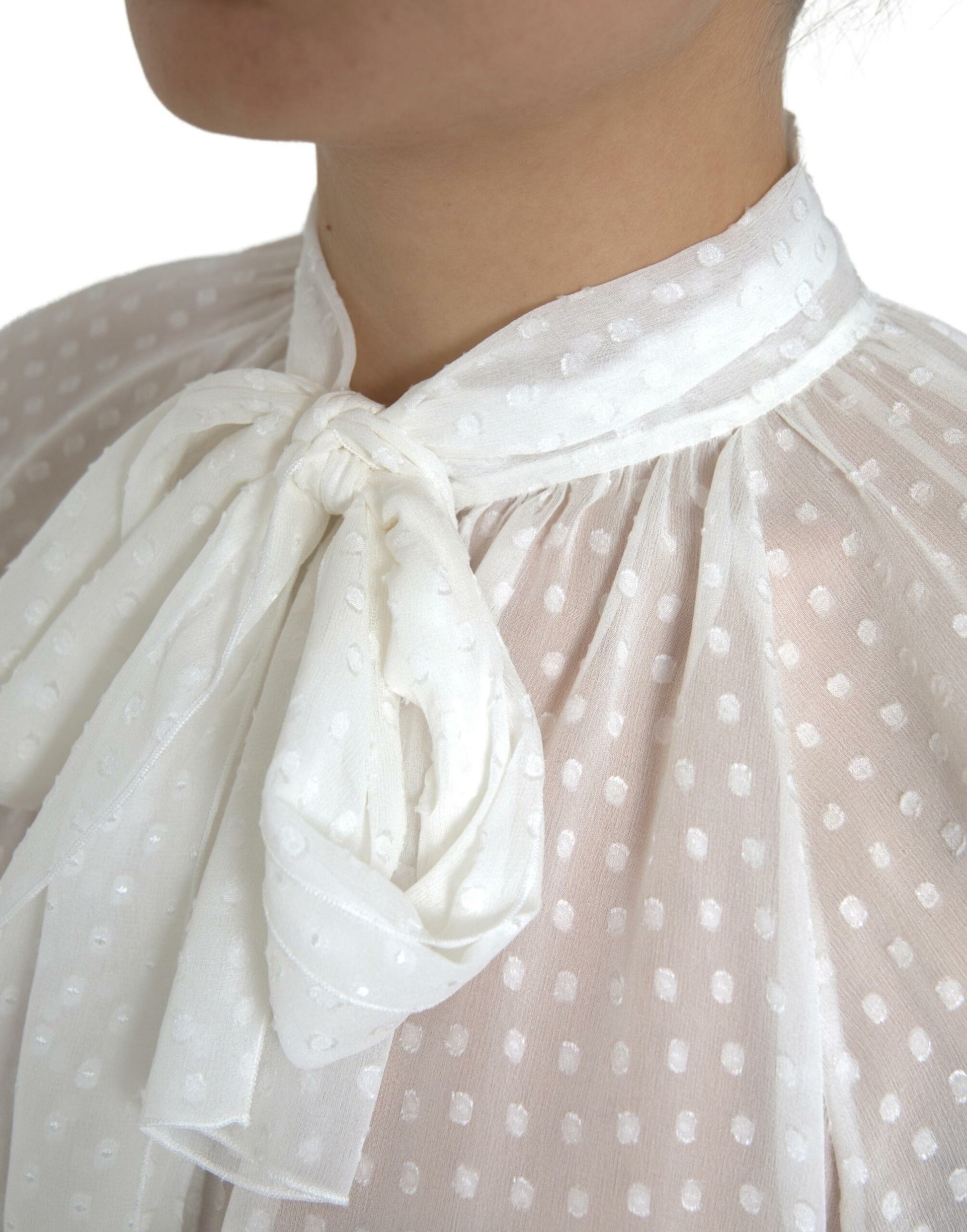 Dolce & Gabbana White Silk Sheer Tied Neck Polka Dots Blouse by Dolce & Gabbana