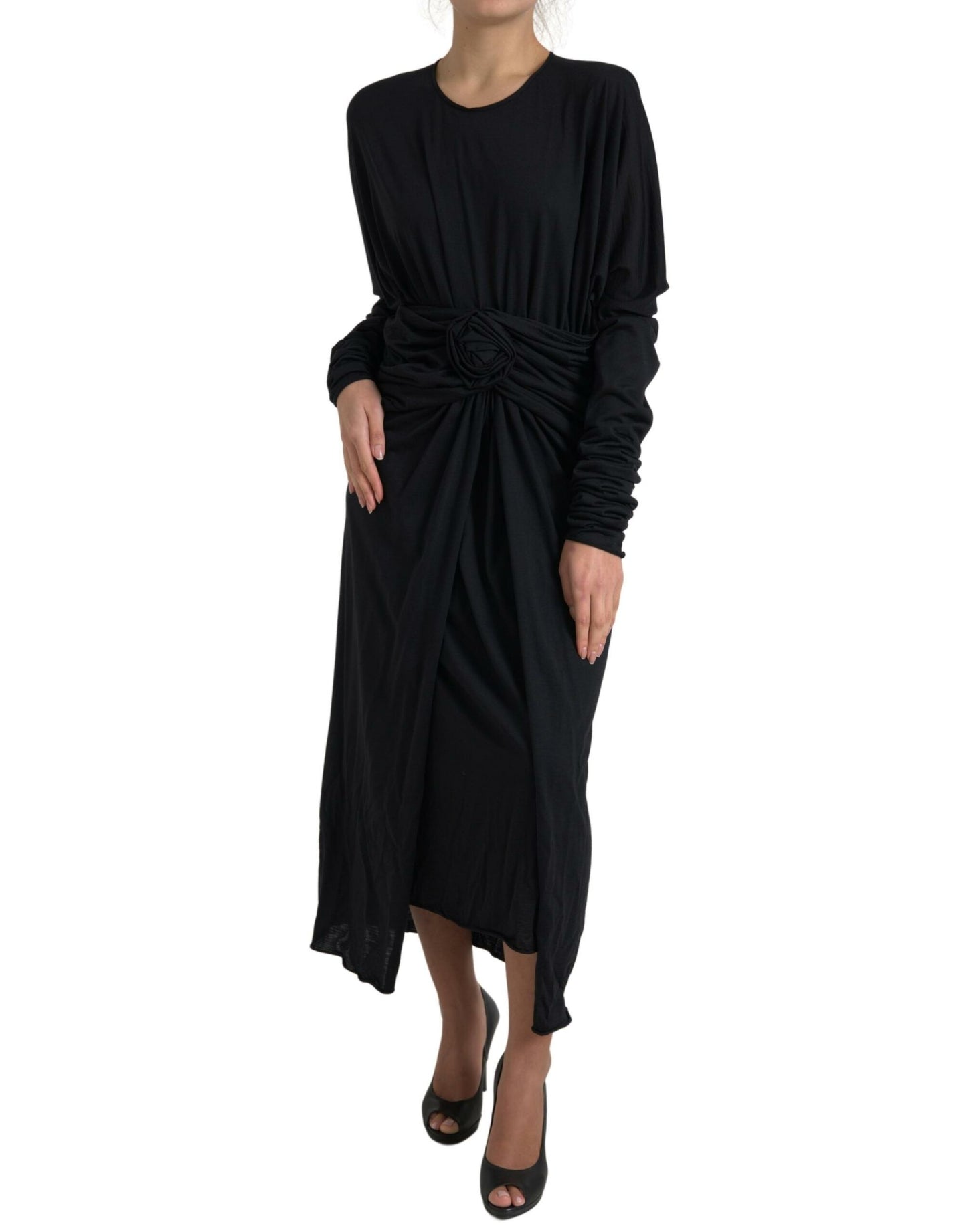 Dolce & Gabbana Black Wool Wrap Sheath Midi Gown Dress by Dolce & Gabbana