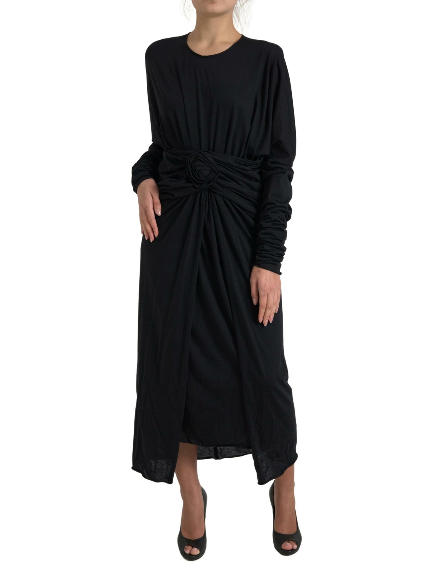 Dolce & Gabbana Black Wool Wrap Sheath Midi Gown Dress by Dolce & Gabbana