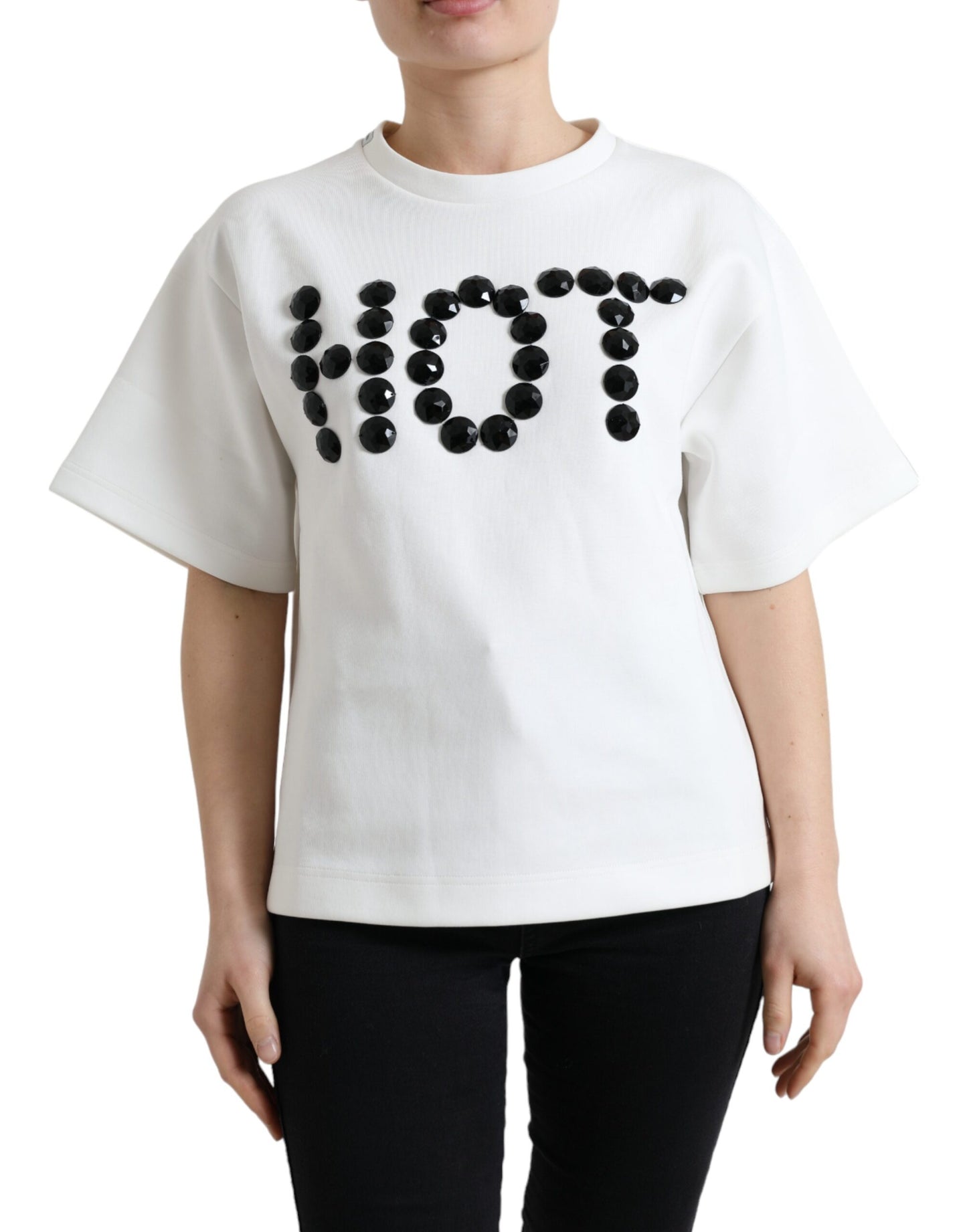 Dolce & Gabbana T-shirt White Cotton Stretch Black HOT Crystal by Dolce & Gabbana