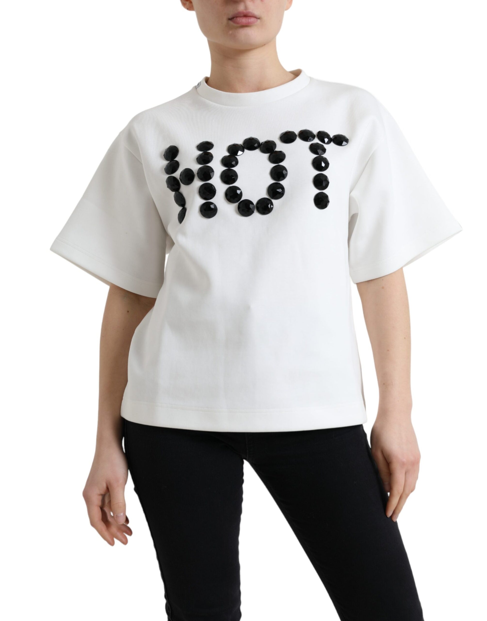Dolce & Gabbana T-shirt White Cotton Stretch Black HOT Crystal by Dolce & Gabbana