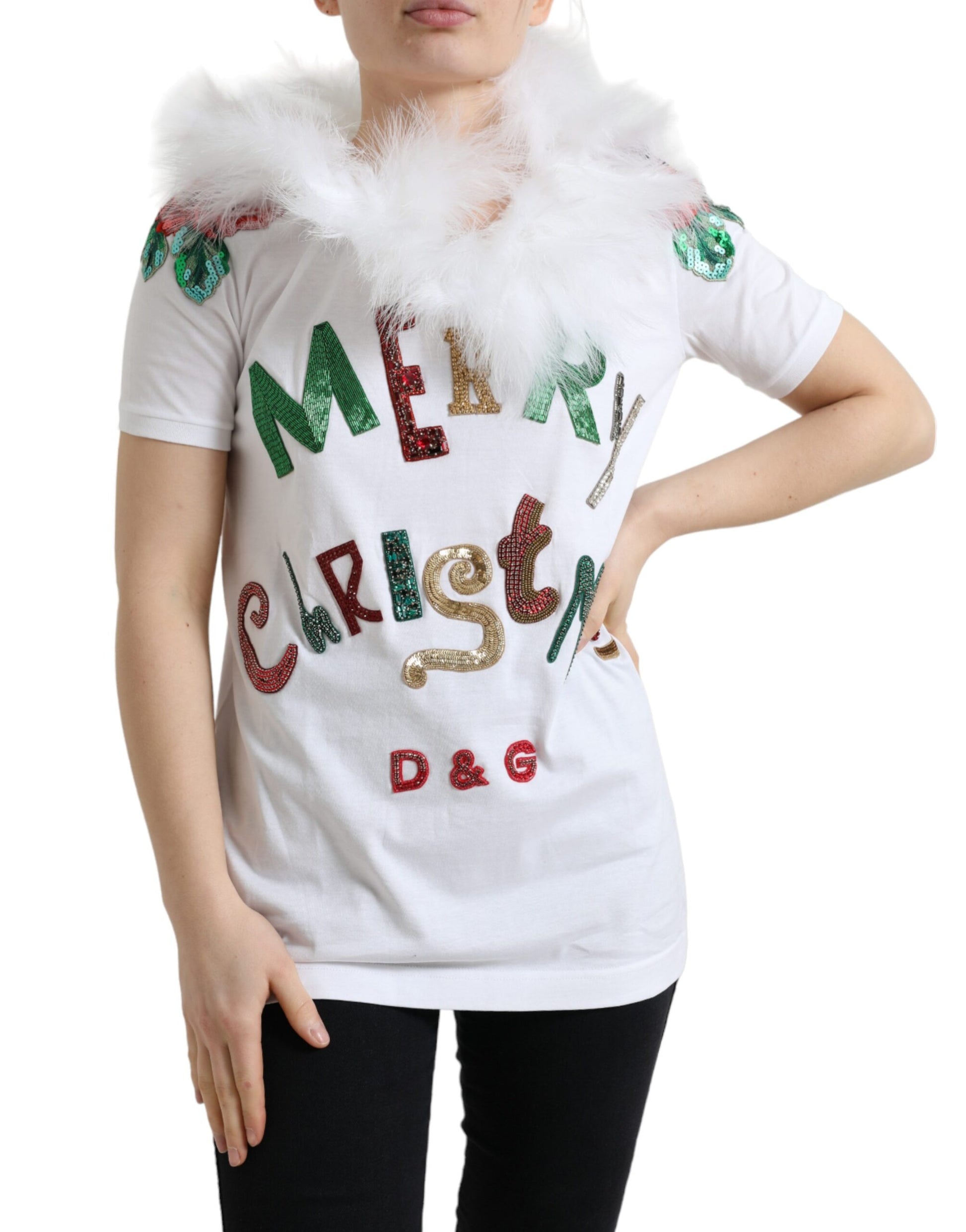 Dolce & Gabbana White Cotton Christmas Sequin Fur T-shirt by Dolce & Gabbana