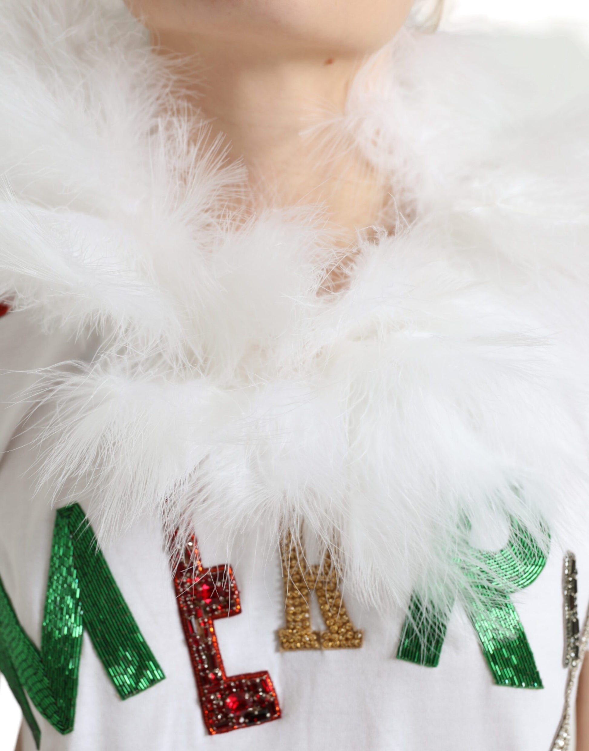 Dolce & Gabbana White Cotton Christmas Sequin Fur T-shirt by Dolce & Gabbana