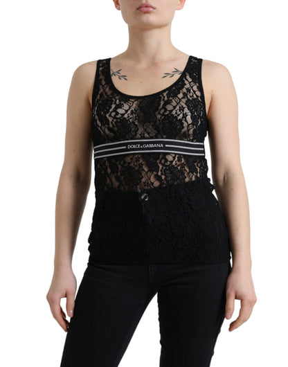 Dolce & Gabbana Black Logo Stripe Lace Sleeveless Tank Top by Dolce & Gabbana
