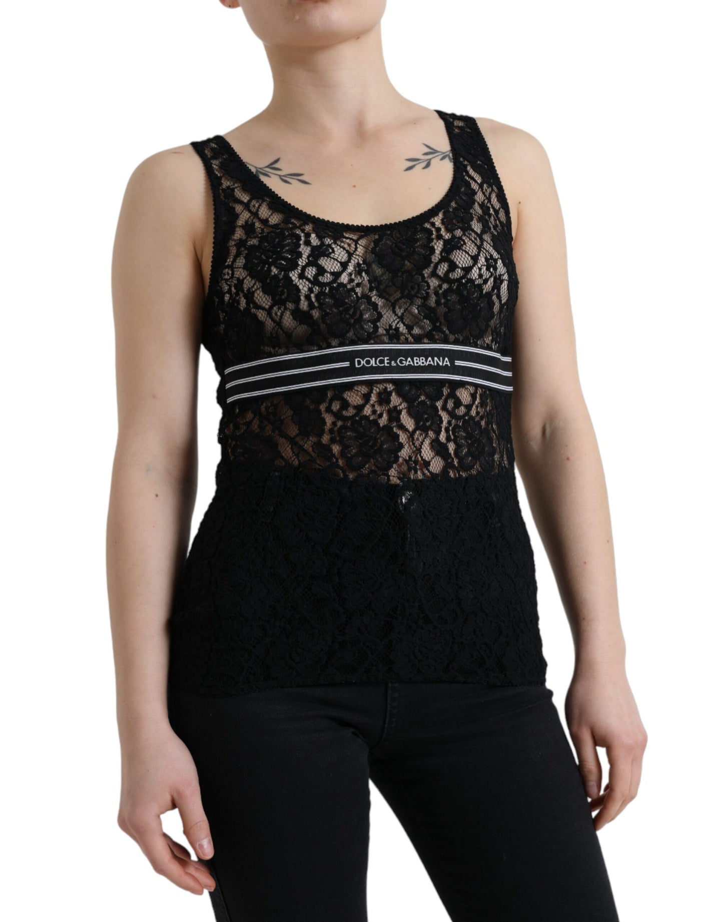 Dolce & Gabbana Black Logo Stripe Lace Sleeveless Tank Top by Dolce & Gabbana