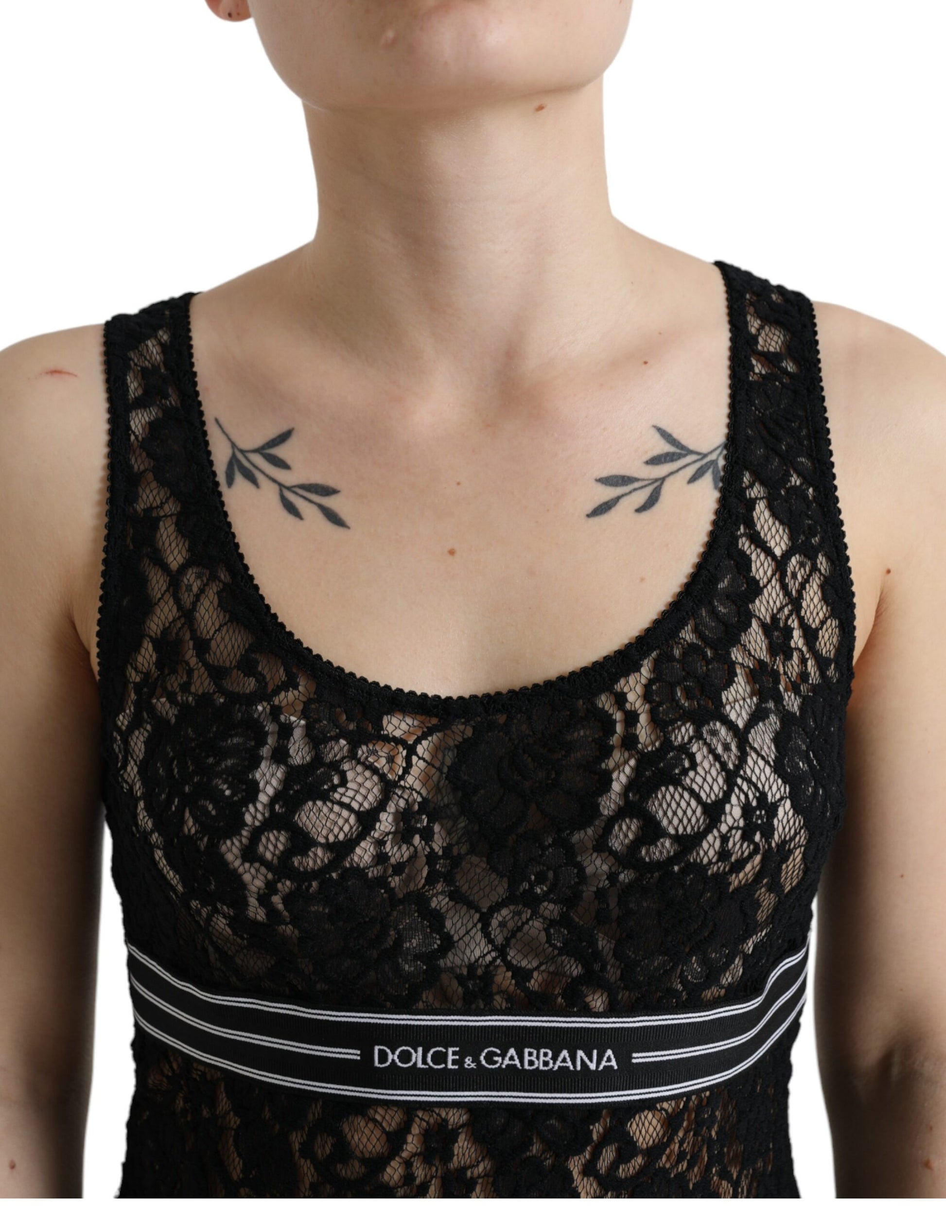 Dolce & Gabbana Black Logo Stripe Lace Sleeveless Tank Top by Dolce & Gabbana