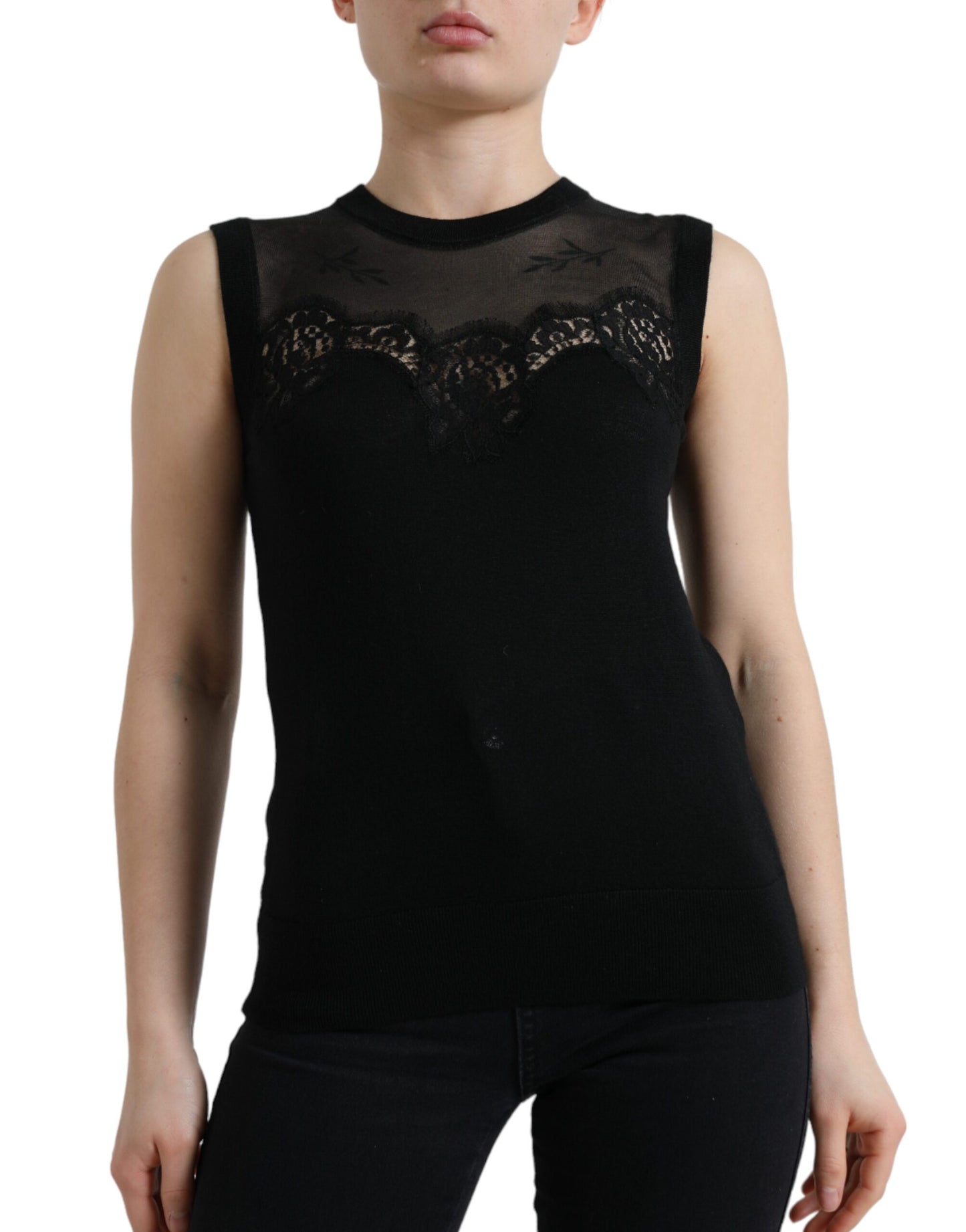 Dolce & Gabbana Black Cashmere Lace Trim Sleeveless Tank Top by Dolce & Gabbana