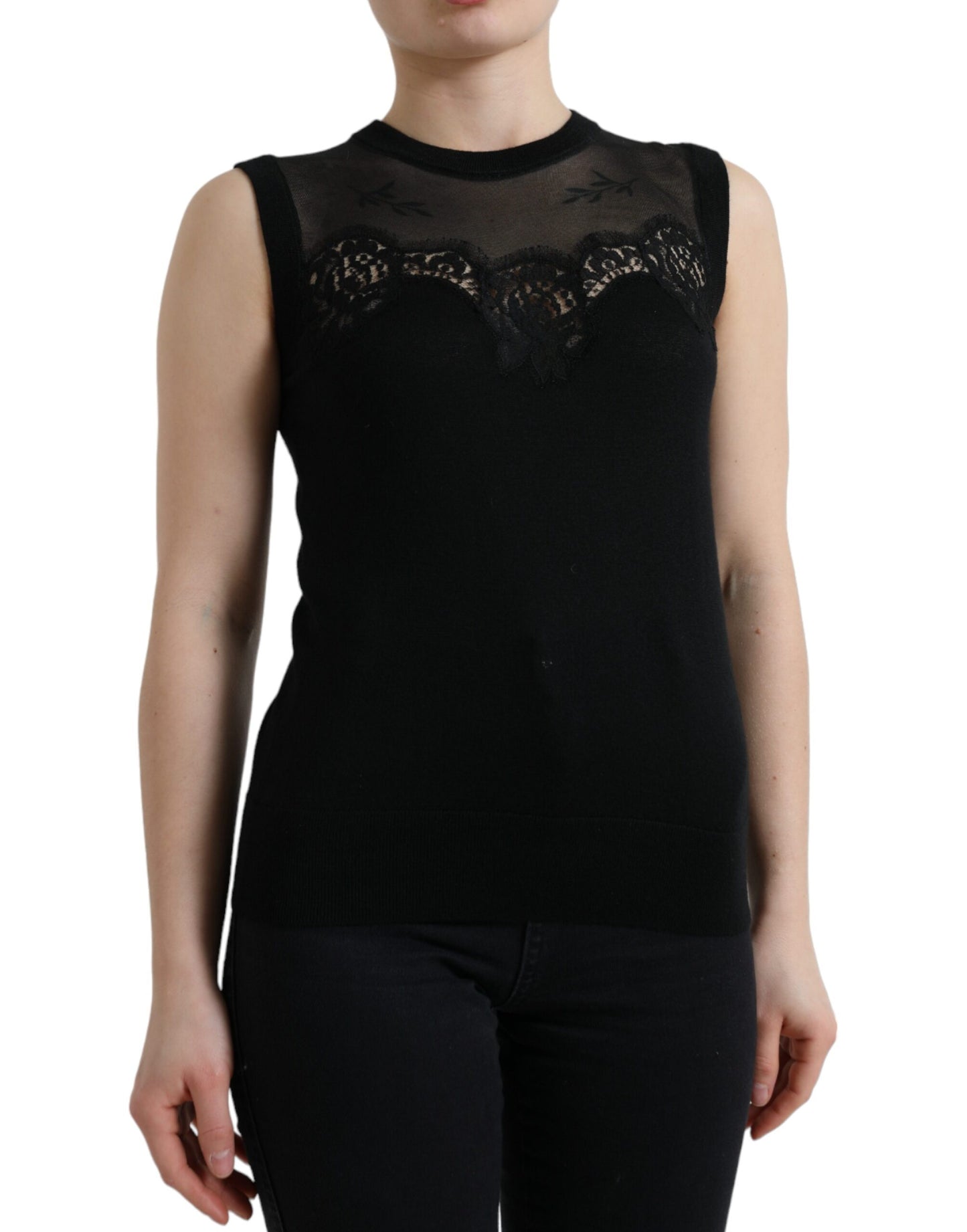 Dolce & Gabbana Black Cashmere Lace Trim Sleeveless Tank Top by Dolce & Gabbana