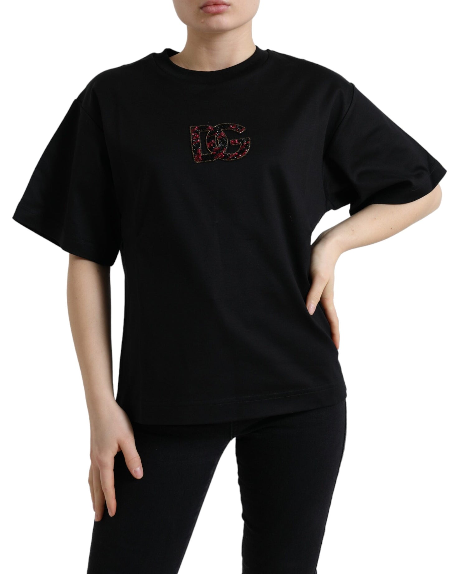 Dolce & Gabbana Black Cotton DG Crystal Crewneck Tee T-shirt by Dolce & Gabbana