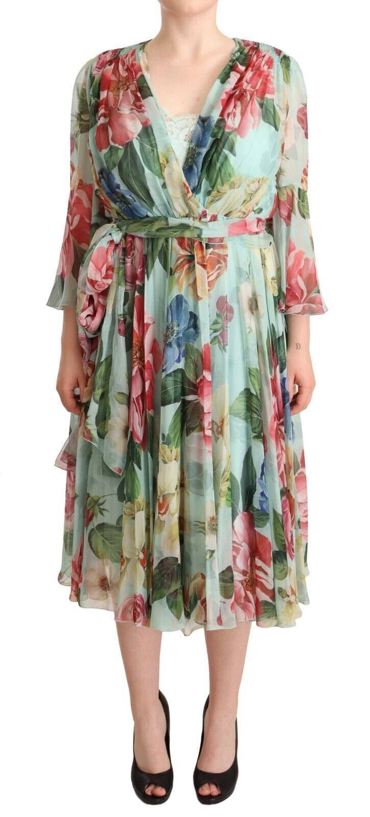 Dolce & Gabbana Multicolor Green Floral Silk Wrap Midi Dress by Dolce & Gabbana