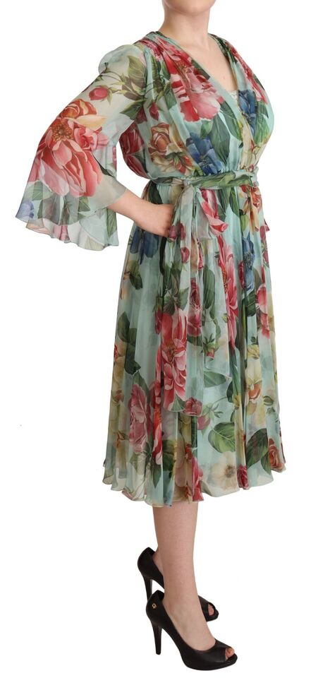 Dolce & Gabbana Multicolor Green Floral Silk Wrap Midi Dress by Dolce & Gabbana