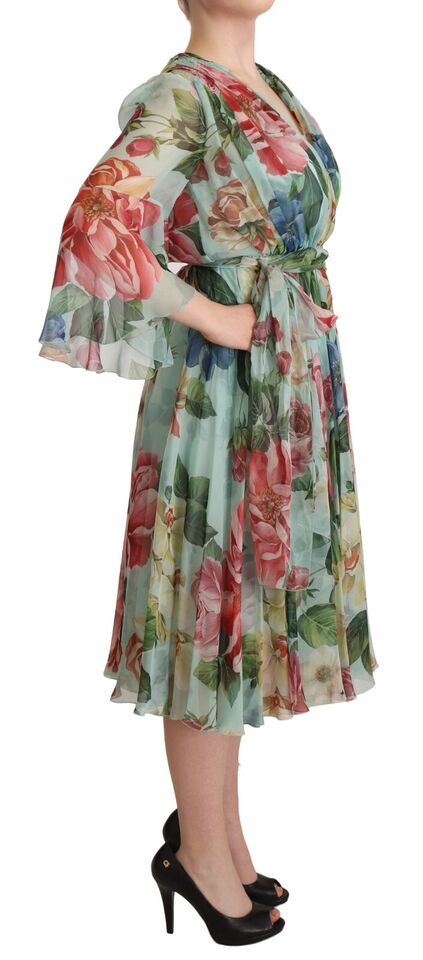 Dolce & Gabbana Multicolor Green Floral Silk Wrap Midi Dress by Dolce & Gabbana