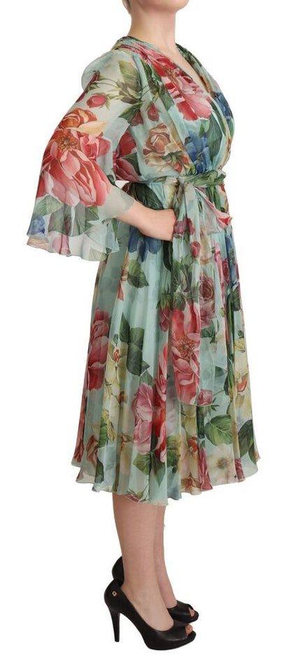 Dolce & Gabbana Multicolor Green Floral Silk Wrap Midi Dress by Dolce & Gabbana