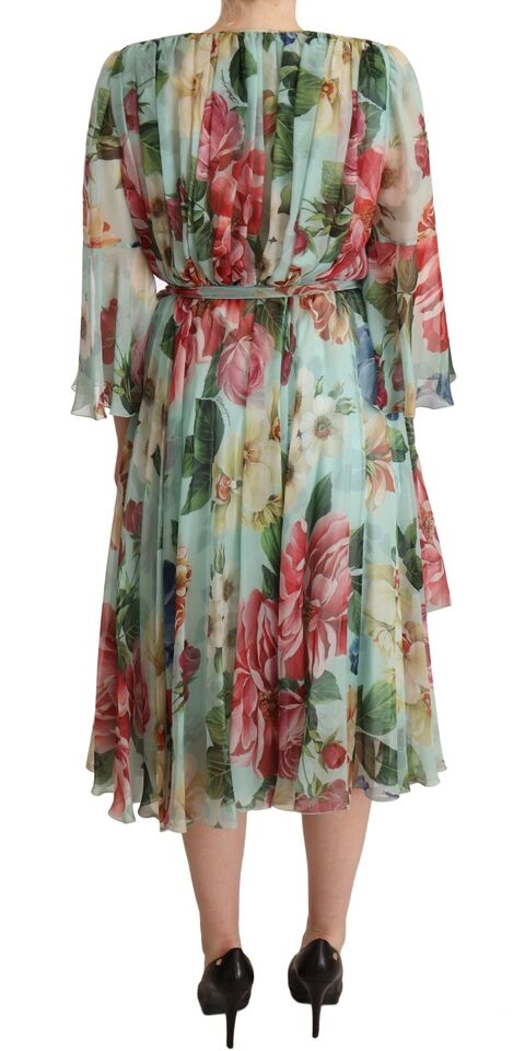 Dolce & Gabbana Multicolor Green Floral Silk Wrap Midi Dress by Dolce & Gabbana
